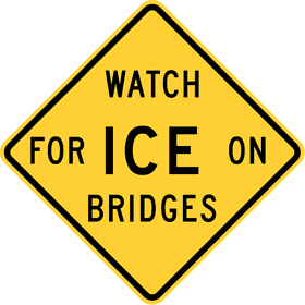 Caution Ice Hazard on River Bridge PNG