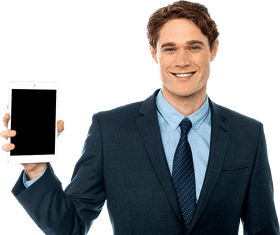 Professional Tablet Showcase by Smiling Businessman PNG