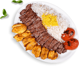 Sizzling Kebab Delight with Rice and Grilled Tomatoes PNG