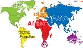 Colorful World Map with Continents Labeled PNG