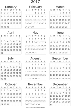 2017 Yearly Calendar Overview PNG