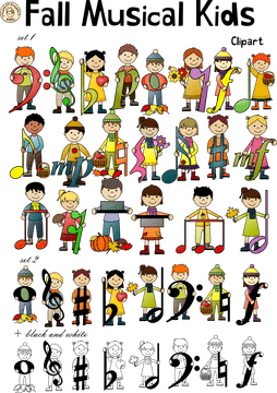 Playful Characters with Music Notes in Autumn Theme PNG