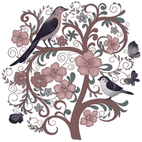 Whimsical Birds in Blossom Garden PNG