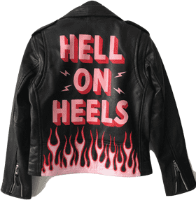 Edgy Black Jacket with Fiery 'Hell on Heels' Design PNG