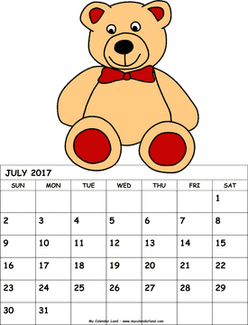 Teddy Bear Themed July Calendar PNG