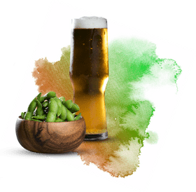 Refreshing Beer Glass with Edamame Delight PNG