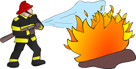 Brave Firefighter Battling Flames with Water Hose PNG