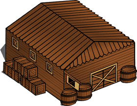 Rustic Wooden Warehouse with Storage Barrels PNG