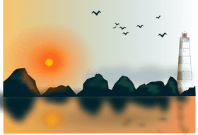 Tranquil Sunset Over Silhouetted Rocks and Lighthouse PNG