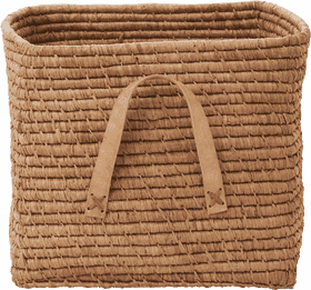 Natural Woven Laundry Basket with Leather Handles PNG
