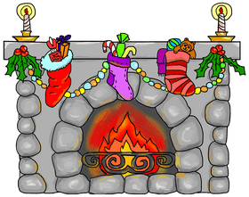 Cozy Fireplace with Colorful Stockings and Candles PNG