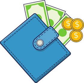 Stylish Blue Wallet with Cash and Coins PNG