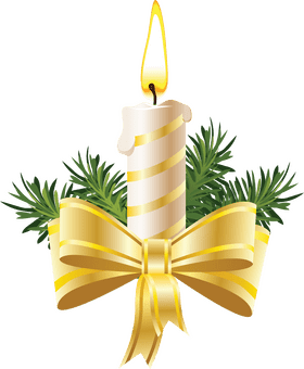Elegant Candle with Golden Ribbon and Greenery PNG