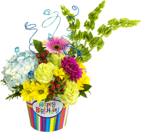Colorful Birthday Blooms Celebration Arrangement PNG
