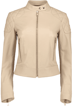 Chic Beige Leather Jacket with Quilted Shoulders PNG