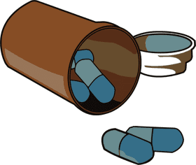 Blue Capsule Pill Container with Spilled Pills PNG