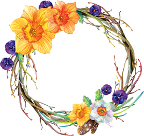 Vibrant Floral Wreath of Daffodils and Pansies PNG