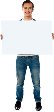 Smiling Man Holding a Blank Banner PNG