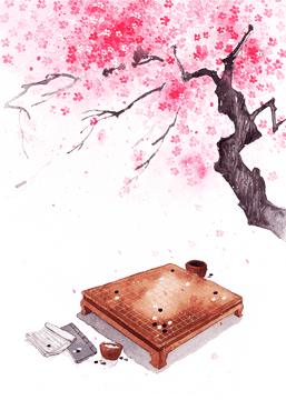Chinese Go Game Under Cherry Blossom PNG