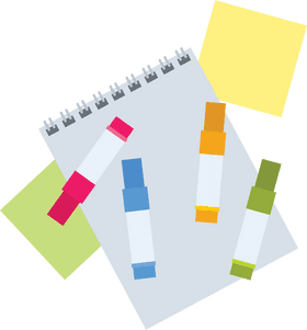Creative Notebook with Colorful Markers and Sticky Notes PNG