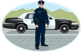 Police Officer Standing Strong by Patrol Car PNG