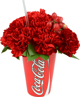 Coca-Cola Cup with Bright Red Flowers PNG