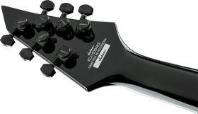 Electric Guitar Headstock in Sleek Black Finish PNG