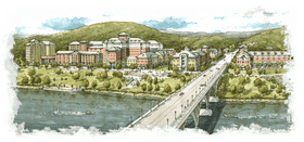 Scenic Riverfront Bridge with Hillside Community PNG