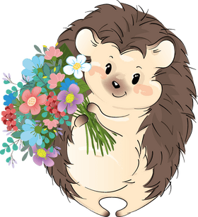 Flower-Loving Hedgehog with a Colorful Bouquet PNG