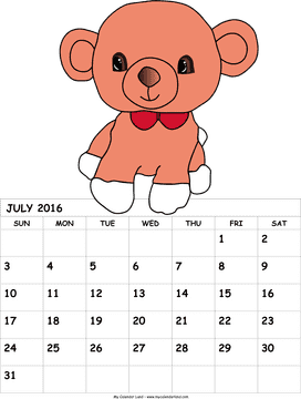 Teddy Bear Themed Calendar for July 2016 PNG