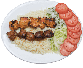 Delicious Grilled Kebab Platter with Rice and Fresh Veggies PNG