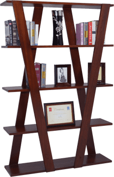 Stylish Library Shelf Displaying Books and Decor Items PNG