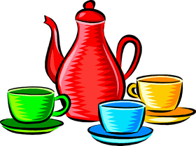 Colorful Coffee Cup Collection with Teapot PNG