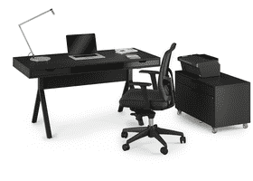Sleek Modern Office Desk Setup with Chair and Printer PNG