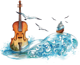 Violin Harmony Amidst the Ocean Waves PNG