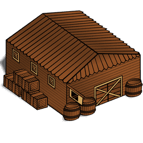 Rustic Wooden Warehouse with Storage Barrels PNG