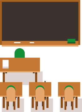 School Classroom with Desks and Blackboard PNG