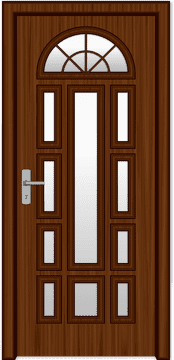 Elegant Wooden Door with Arched Glass Panels PNG
