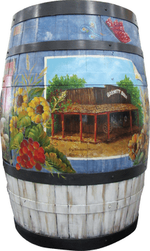 Rainy Day Reflections on a Painted Barrel PNG