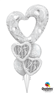 Silver Heart Balloon Bouquet for 25th Celebration PNG