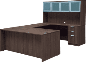 Elegant L-Shaped Office Desk with Storage Glass Cabinets PNG
