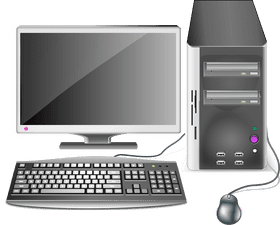 Essential Computer Part Setup with Monitor and Accessories PNG