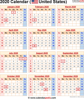 2020 United States Annual Calendar Overview PNG