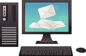 Desktop Computer with Floating Email Notifications PNG