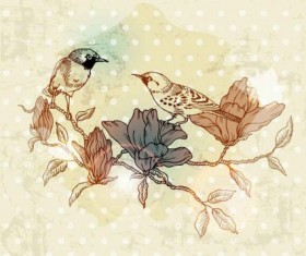 European retro bird flower painting vector 01