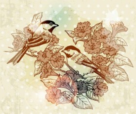 European retro bird flower painting vector 02