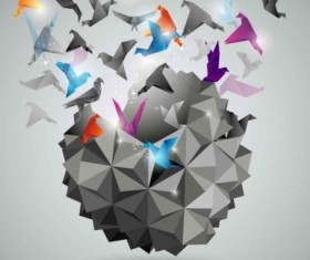 3D paper cranes background art vector