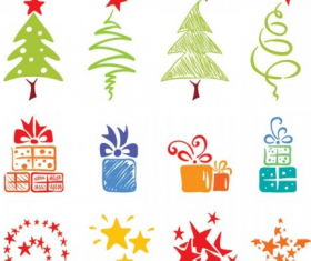 Christmas tree with gift box and stars element vector