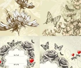 Retro painted butterflies and flowers Illustration vector