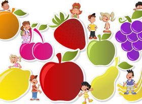Child with fruit vectors graphic